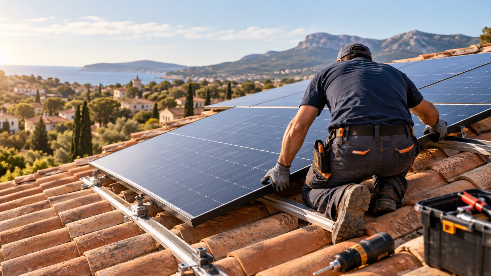 Illustration d’un artisan vu de dos pendant la pose de panneaux photovoltaïques